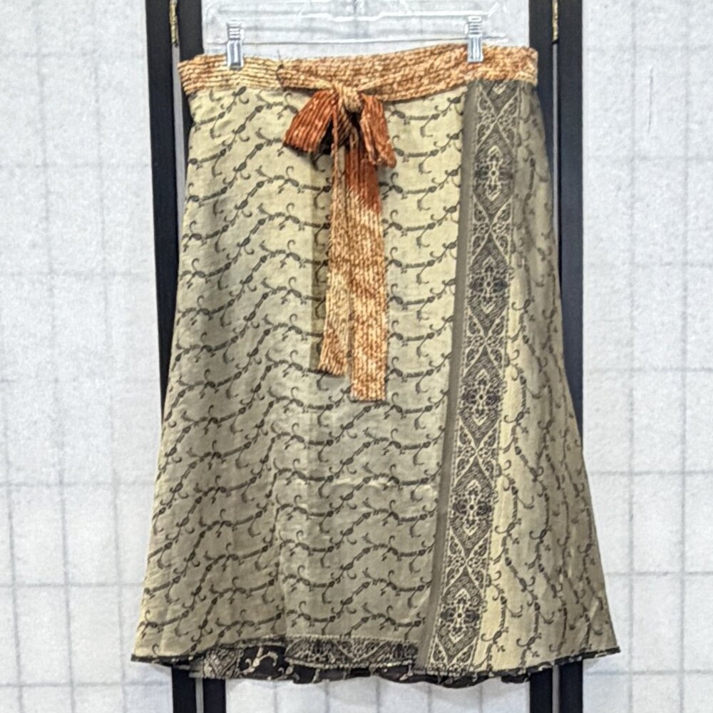Reversible Wrap Midi Skirt 2 Sides Sari Style Rust Gold Black OS Exotic Carefree - Picture 5 of 11